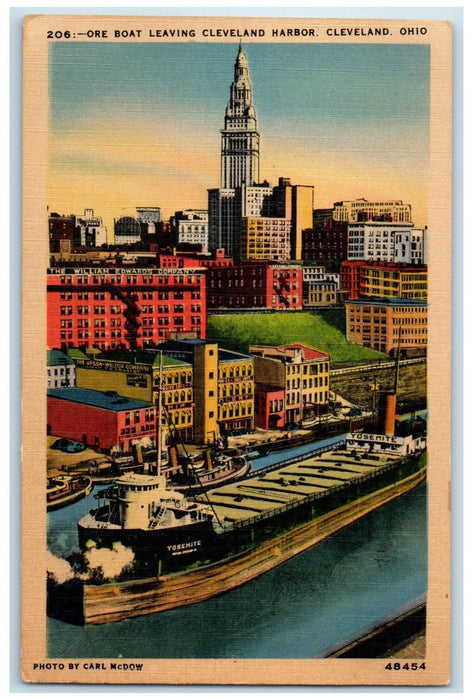 c1940's Ore Boat Leaving Cleveland Harbor Cargo Ship Cleveland Ohio OH Postcard