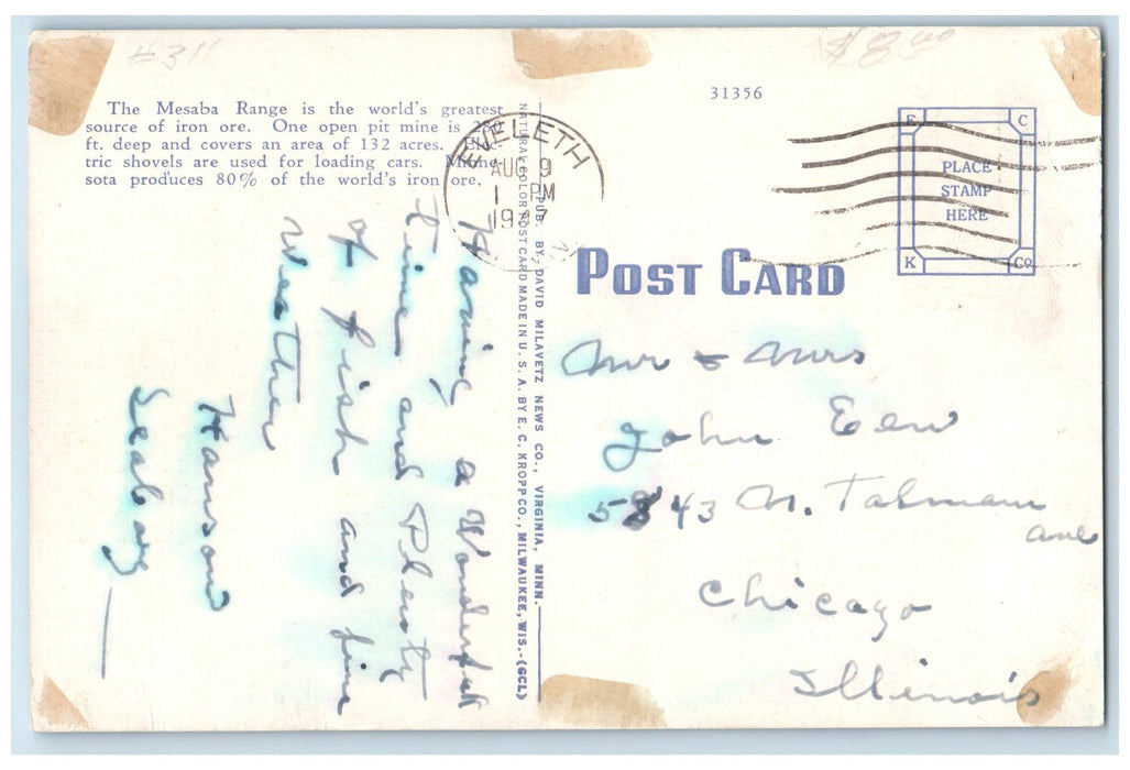 1947 Mesaba Range Underground Mine Shaft Scene Eveleth Minnesota MN Postcard