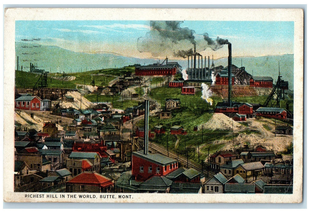 1924 Richest Hill In The World Factories Smoke Butte Montana MT Posted Postcard