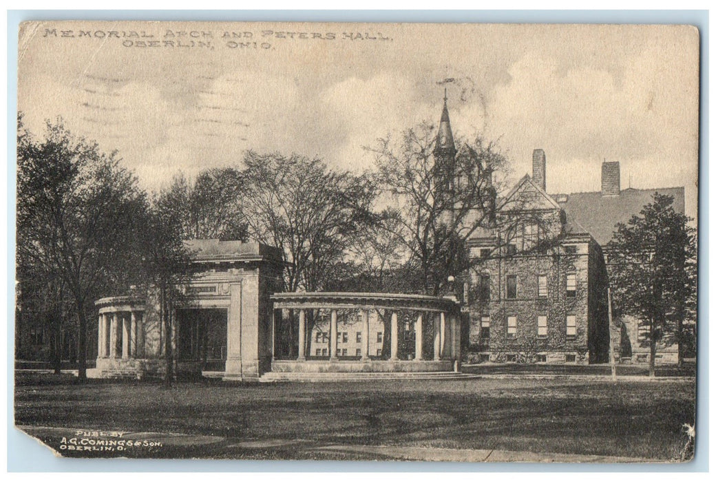 1913 Memorial Arch & Peters Hall Building Tower View Oberlin Ohio OH Postcard