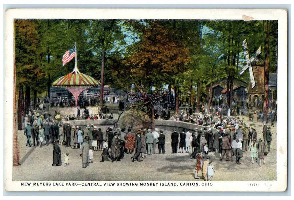 c1920's New Meyers Lake Park Central View Monkey Island Canton Ohio OH Postcard