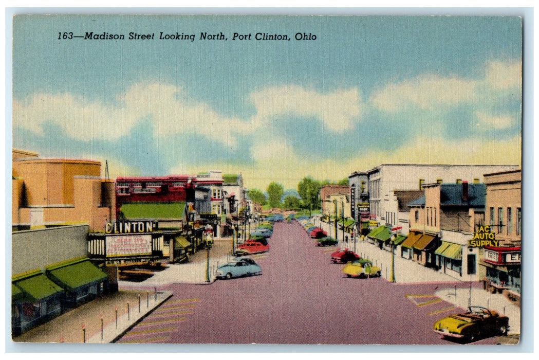 c1940's Madison Street Looking North Cars Parked Port Clinton Ohio OH Postcard