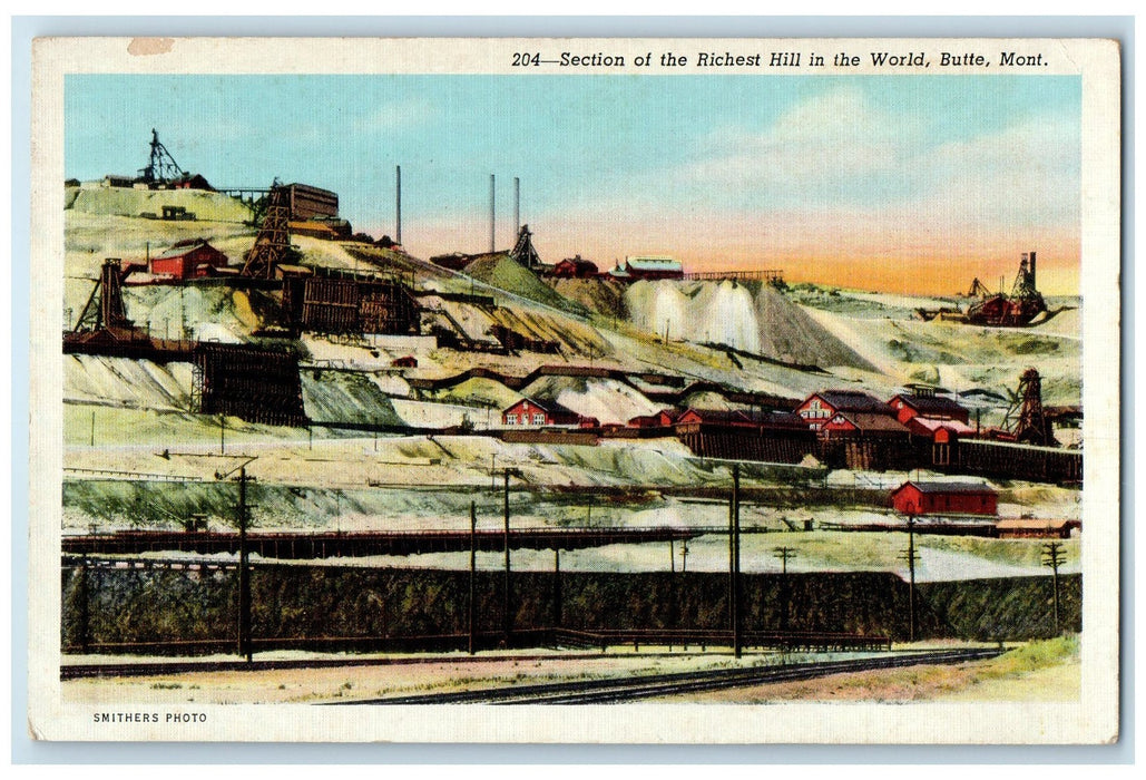 1942 Section Of The Richest Hill In The World Scene Butte Montana MT Postcard