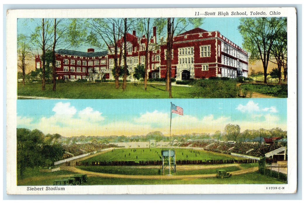 1945 Scott High School Campus Building Siebert Stadium Toledo Ohio OH Postcard