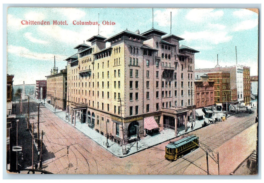 1908 Chittenden Hotel Restaurant Building Trolley Carriage Columbus OH Postcard