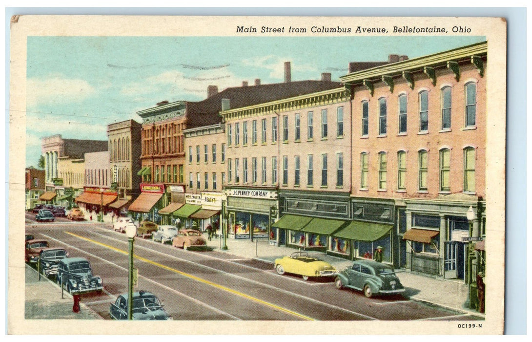 1954 Main Street Classic Car From Columbus Avenue Bellefontaine Ohio OH Postcard