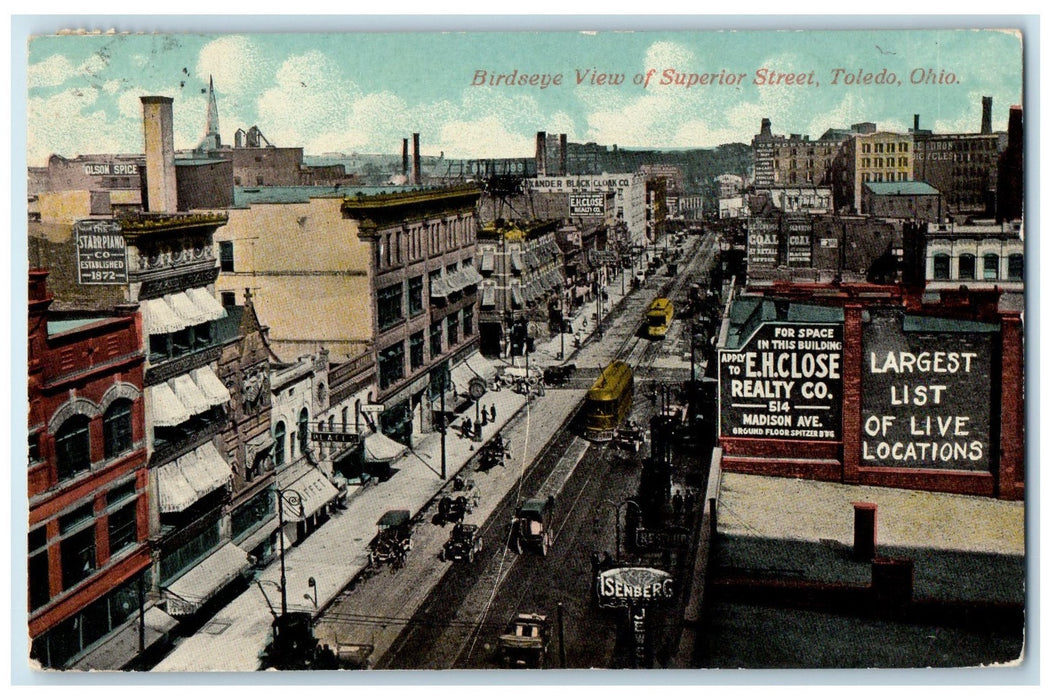 c1910 Birdseye View Superior Street Classic Cars Trolley Toledo Ohio OH Postcard