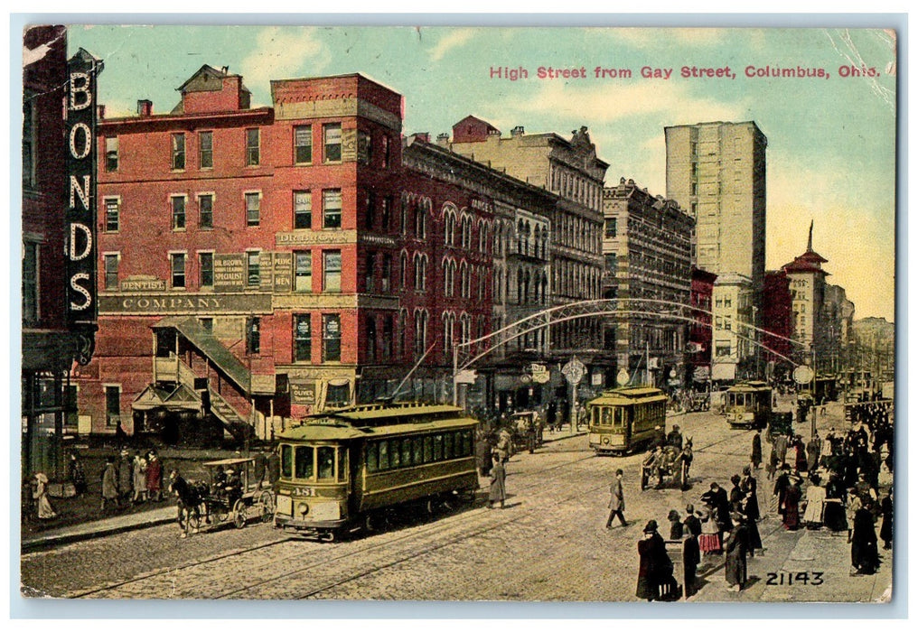 1912 High Street Gay Street Truss Arch Trolley Dirt Road Columbus OH Postcard