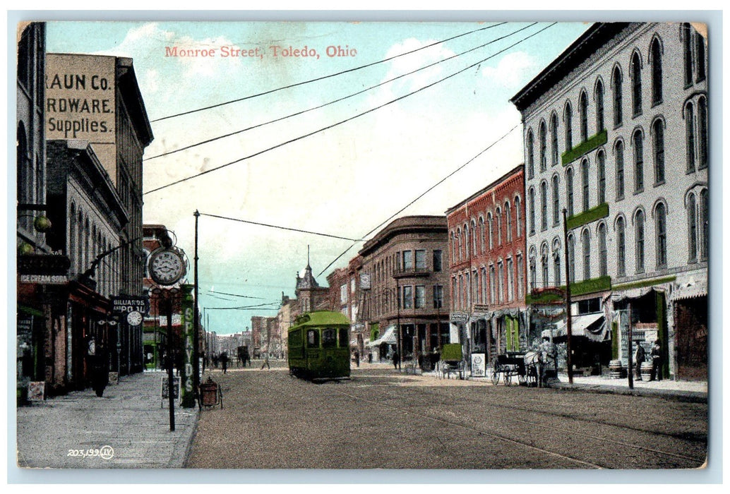 1908 Monroe Street Trolley Street Watch Horse Buggy View Toledo Ohio OH Postcard