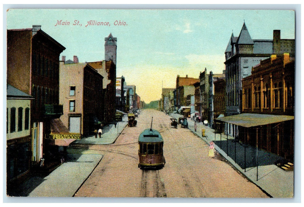 c1910 Main Street Railroad Trolley Horse Buggy Alliance Ohio OH Postcard