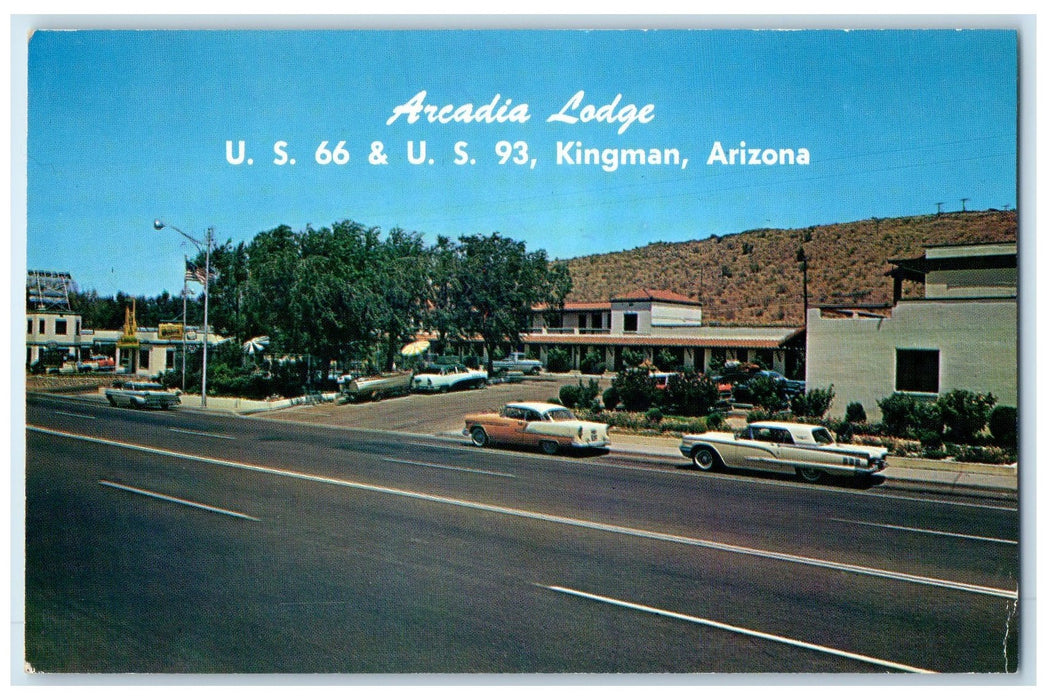 c1960s Arcadia Lodge Exterior Roadside Kingman Arizona AZ Unposted Cars Postcard