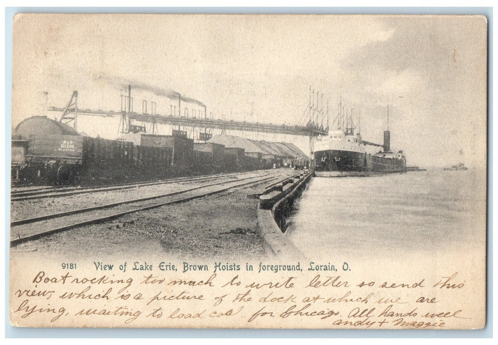 1905 View Of Lake Erie Brown Hoist In Foreground Ships Docked Lorain OH Postcard