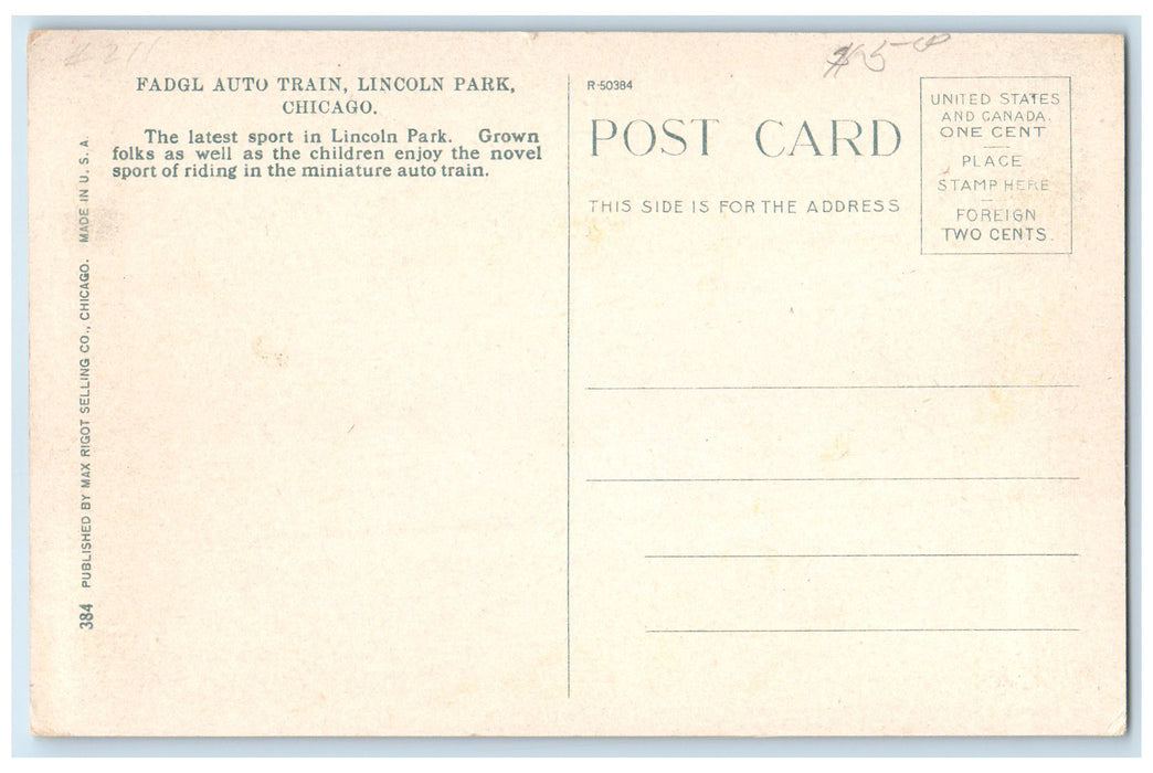 c1920 FADGL Auto Train Tourists Riding Lincoln Park Chicago Illinois IL Postcard