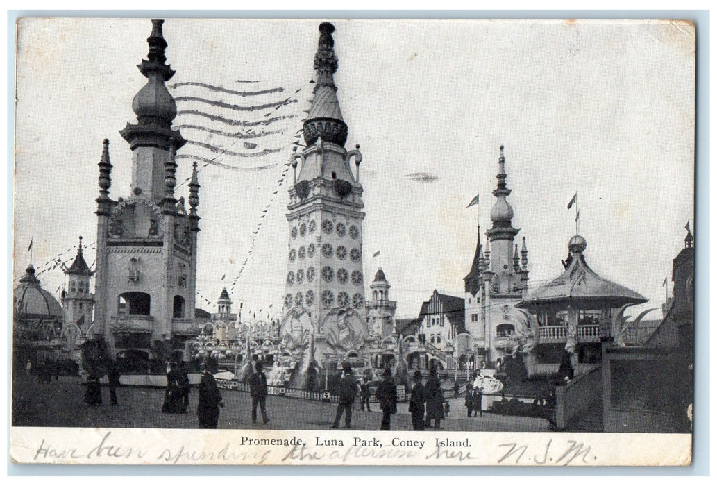 1908 Promenade Luna Park Amusement Tourists Coney Island New York NY Postcard