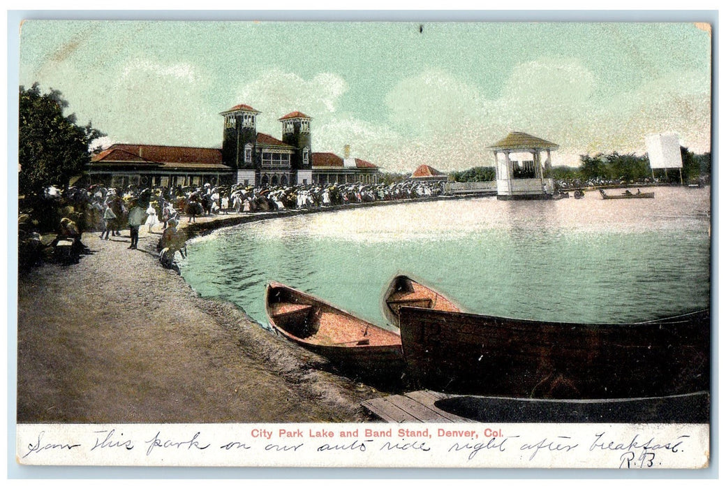 c1905 City Park Lake & Band Stand Boat Docked Crowd Denver Colorado CO Postcard