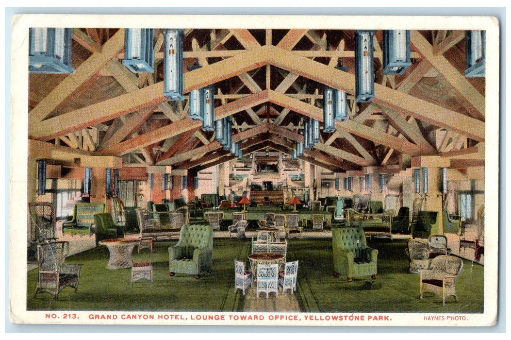 c1940's Grand Canyon Hotel Lounge Toward Office Yellowstone Park WY Postcard