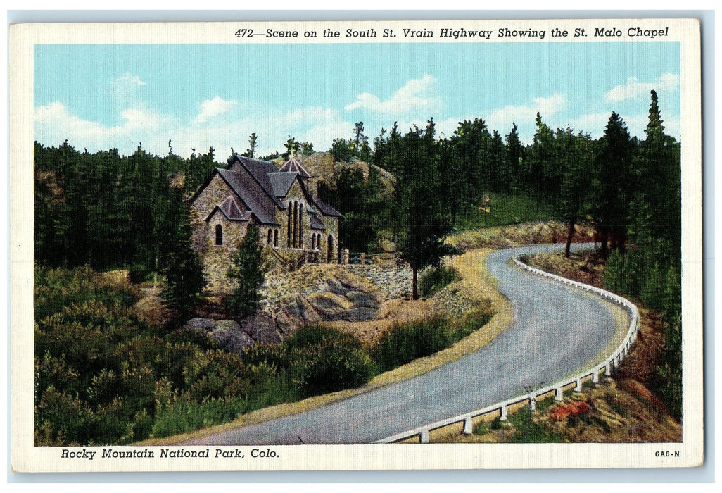 c1940's South St. Vrain Highway Showing St. Malo Church Allenspark CO Postcard