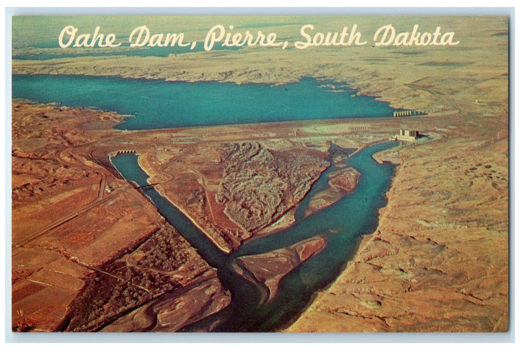 c1960's Aerial View Of Oahe Dam And Reservoir Pierre South Dakota SD Postcard