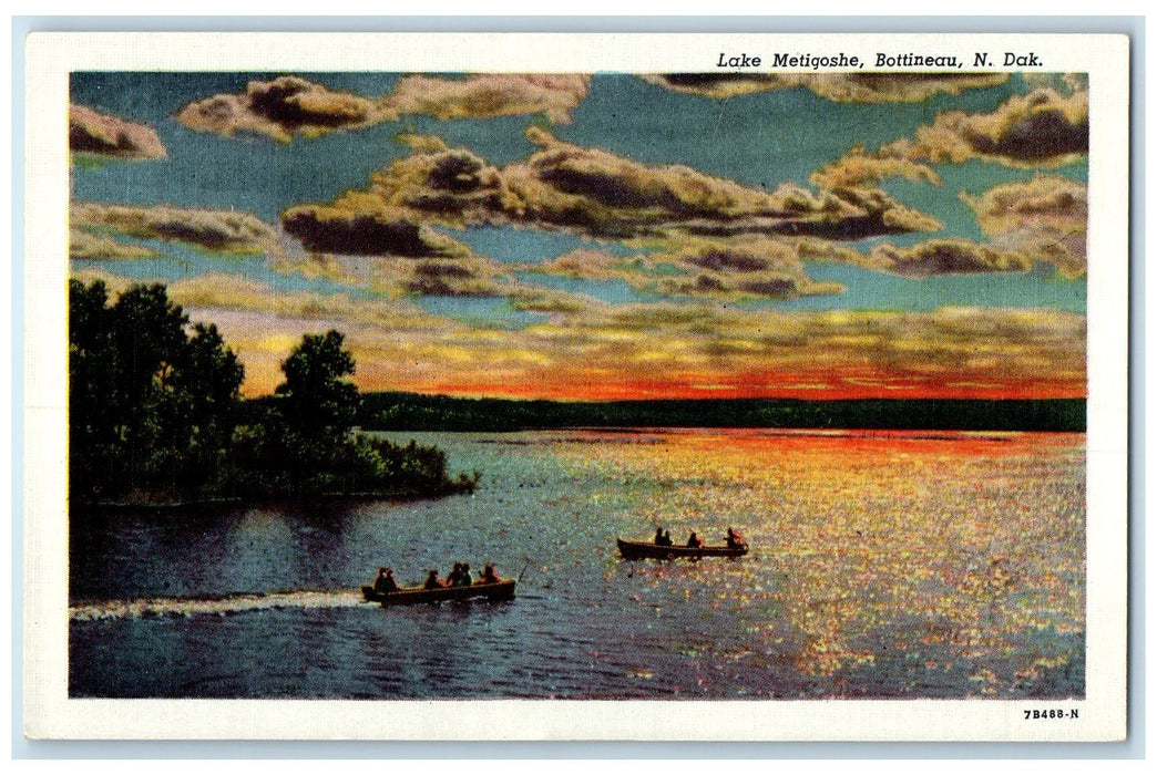 c1960s Lake Metigoshe Boats And Sunset Scene Bottineau North Dakota ND Postcard
