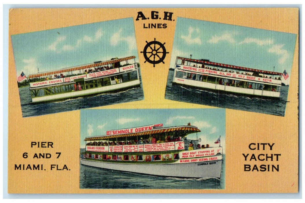c1940's AGH Lines City Yacht Basin Pier 6 & 7 Miami Florida FL Unposted Postcard