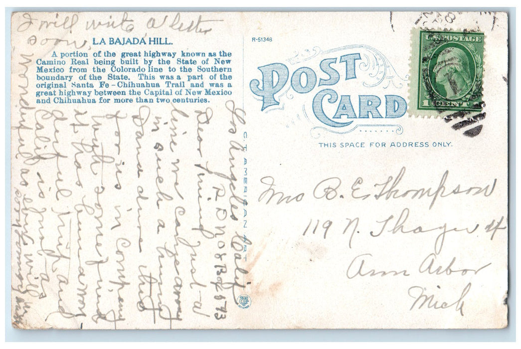 1909 Automobile Road On La Bajada Hill Santa Fe New Mexico NM Unposted Postcard