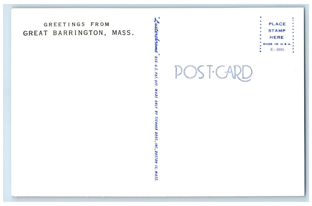 c1960's Greetings From Great Barrington Massachusetts MA Unposted Cars Postcard