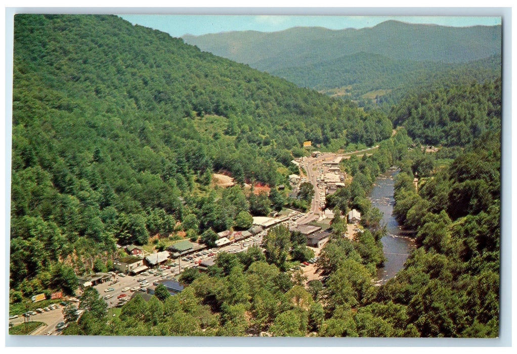 c1960s Aerial View Of The Main Business Section Of Cherokee NC Unposted Postcard