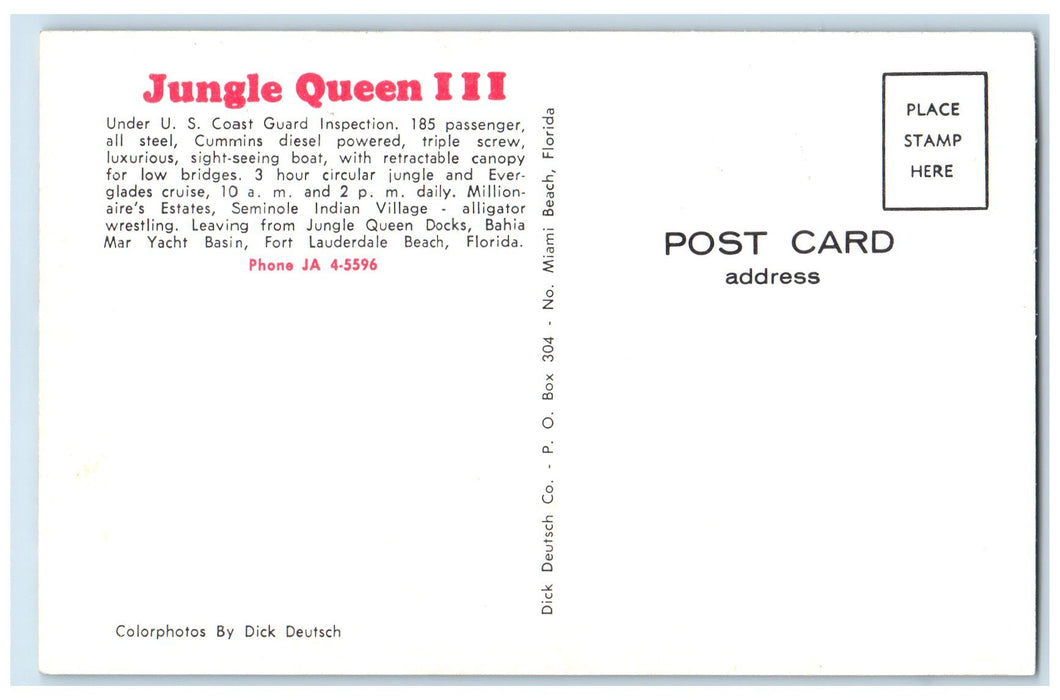 c1960's Jungle Queen III Sight Seeing Boat Scene Fort Lauderdale FL Postcard
