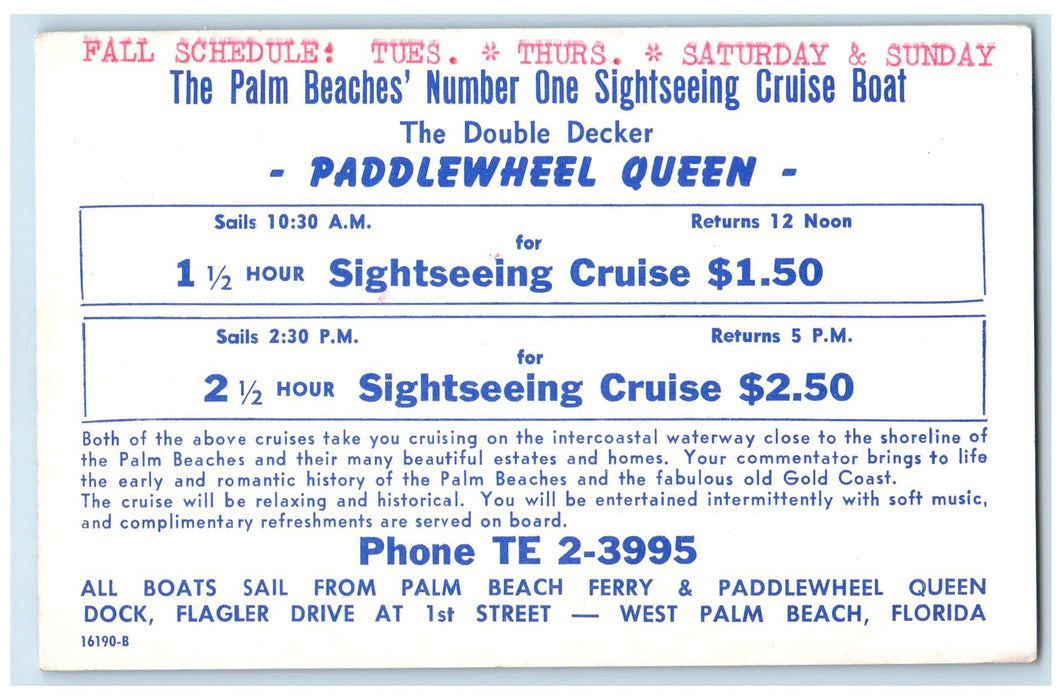 c1960's The Double Decker Paddlewheel Queen Palm Beach Florida FL Flags Postcard