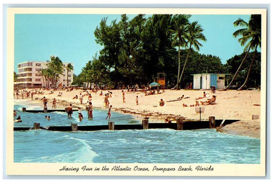 c1960's Having Fun In The Atlantic Ocean Pompano Beach Florida FL Trees Postcard