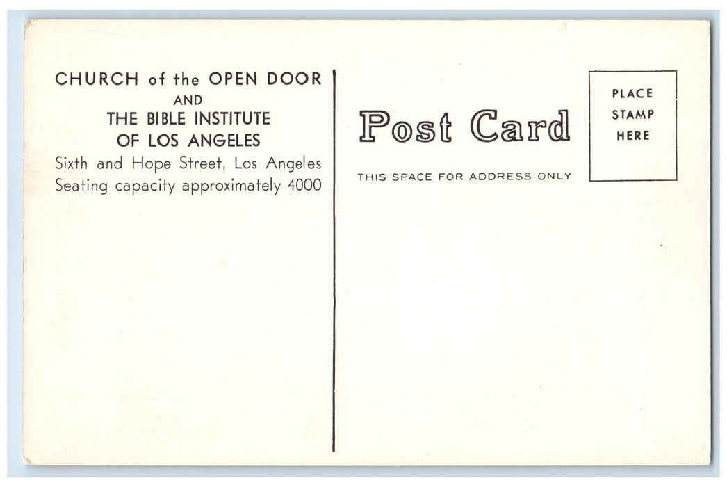 c1940's Church Of The Open Door And The Bible Institute Los Angeles CA Postcard