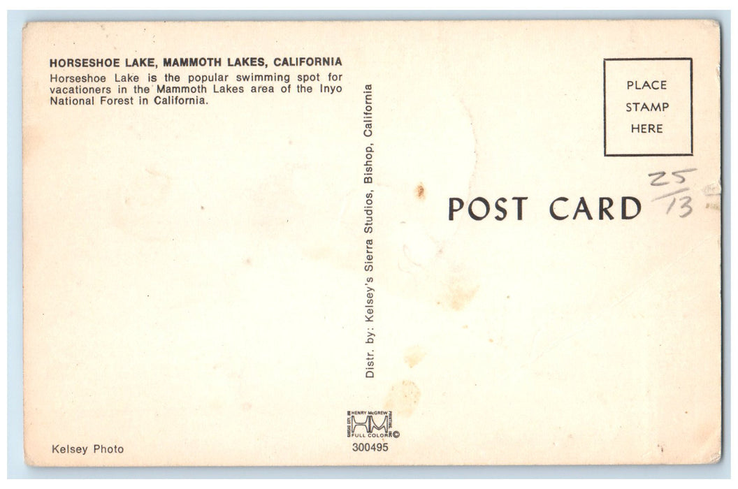 c1960's Horseshoe Lake Popular Swimming Spot Mammoth Lakes CA Unposted Postcard