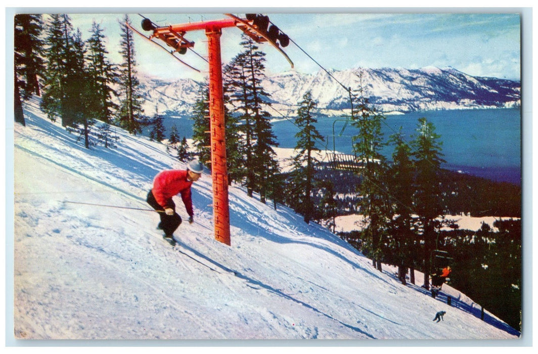 c1960s Superb Ski Runs Snow Scene Lake Tahoe Nevada NV Unposted Vintage Postcard