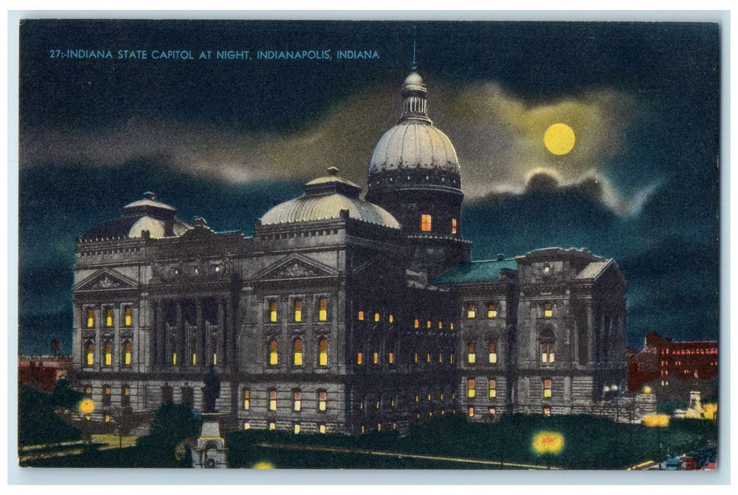 c1940s Indiana State Capitol Exterior At Night Indianapolis Indiana IN Postcard