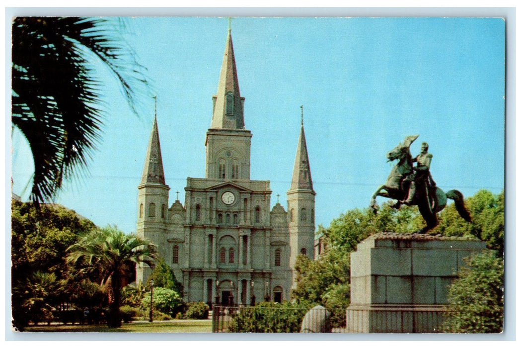 c1960's St. Louis Cathedral And Jackson Memorial Scene New Orleans LA Postcard