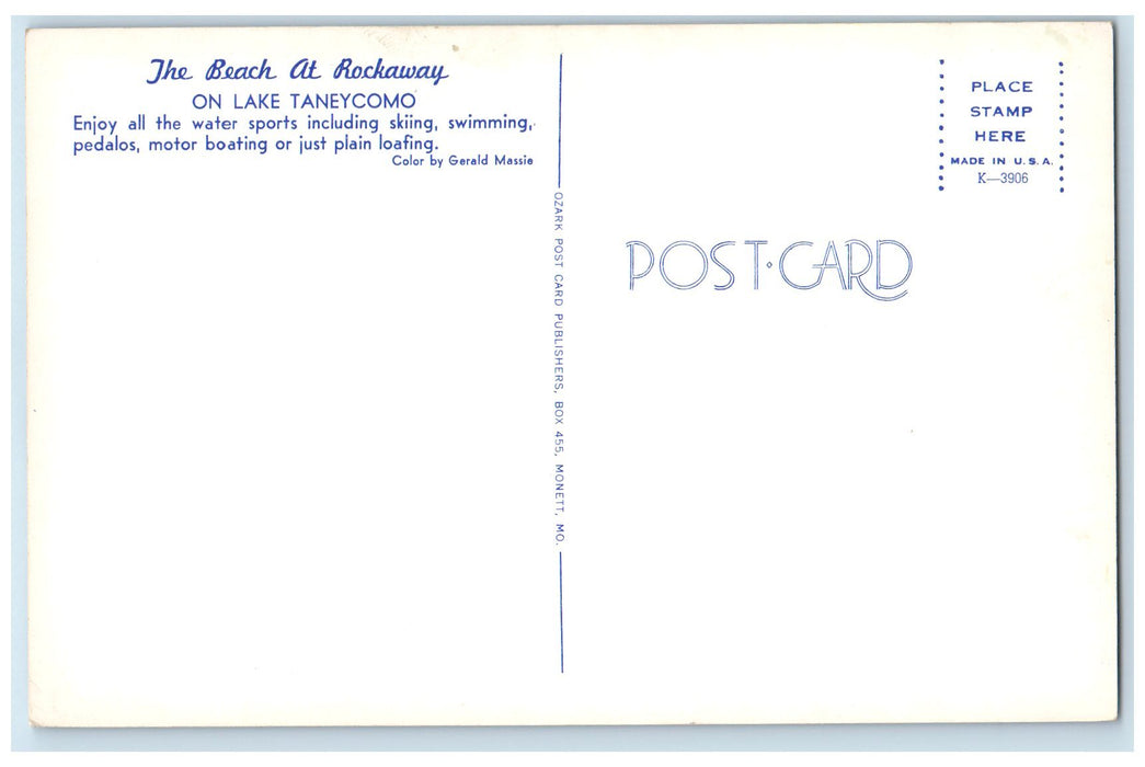 c1960s The Beach At Rockaway Lake Taneycomo Taney County RI Speed Boat Postcard