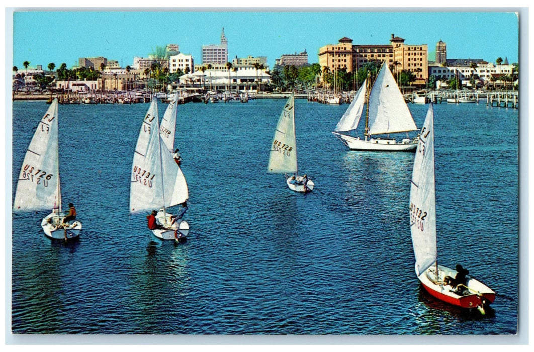c1960's Sailboats Maneuver Against  Colorful Skyline St. Petersburg FL Postcard