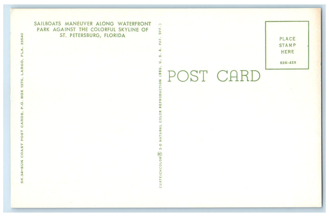 c1960's Sailboats Maneuver Against  Colorful Skyline St. Petersburg FL Postcard