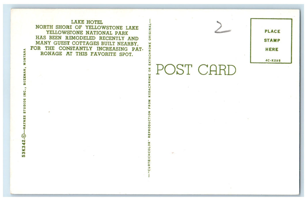 c1950 Lake Hotel North Shore Yellowstone Lake National Park Wyoming WY Postcard