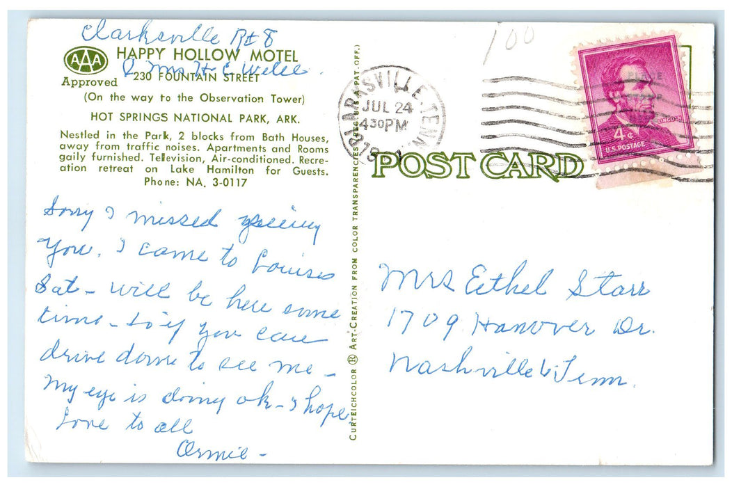 1951 Happy Hollow Motel Restaurant Hot Spring National Park Arkansas AR Postcard