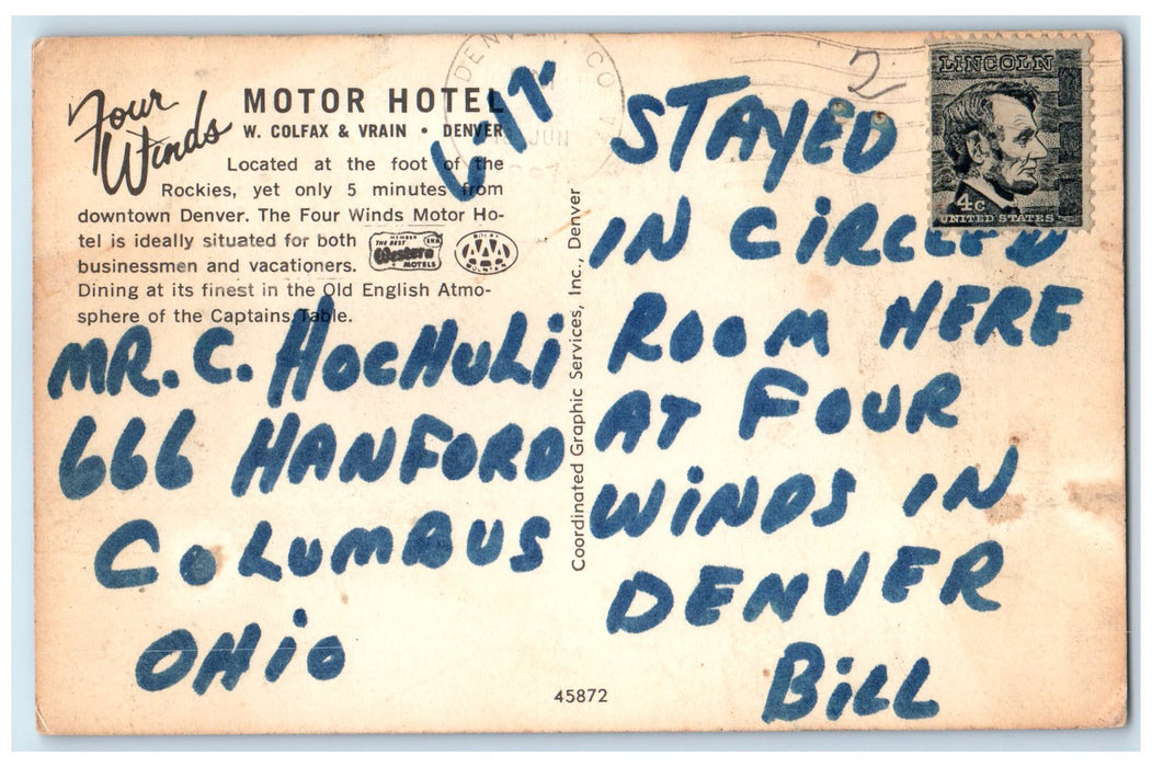 c1950's Four Winds Motor Motel Restaurant Building Denver Colorado CO Postcard