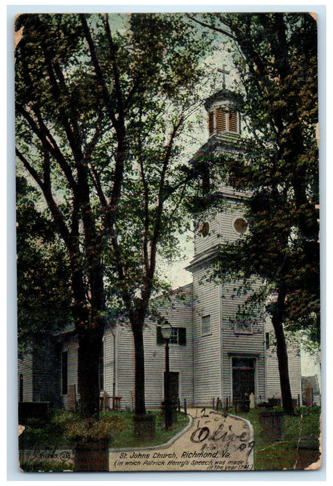 1909 St. John's Church Building Cross Tower Trees Richmond Virginia VA Postcard