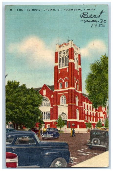 1950 First Methodist Church Classic Cars View St. Petersburg Florida FL Postcard