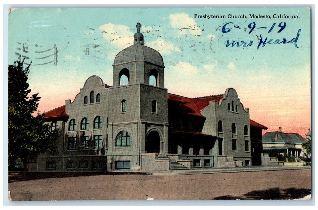 1919 Presbyterian Church Building Cross Tower Modesto California CA Postcard