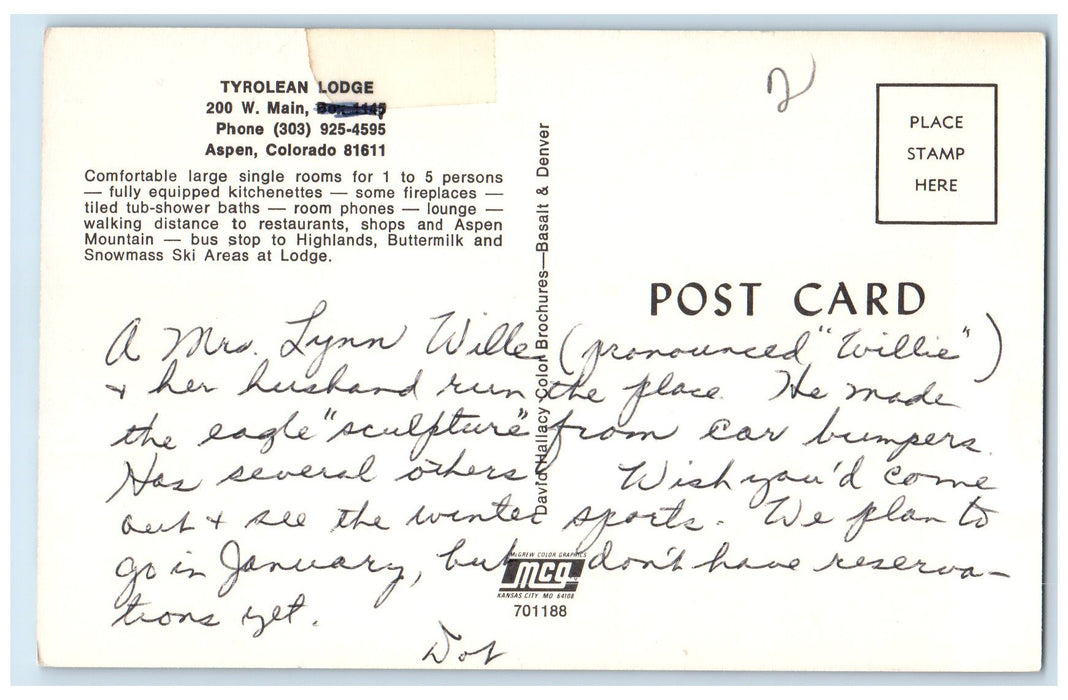 c1950 Tyrolean Lodge Motel Restaurant Building Eagle Aspen Colorado CO Postcard