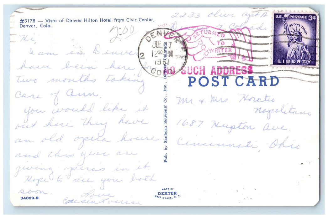 1961 Vista Of Denver Hilton Hotel Restaurant Building Denver CO Posted Postcard