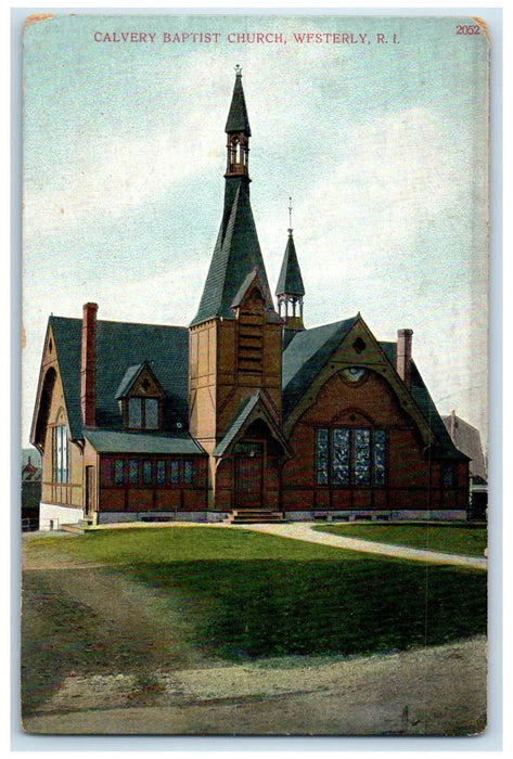 c1910's Calvery Baptist Church Tower Building Westerly Rhode Island RI Postcard