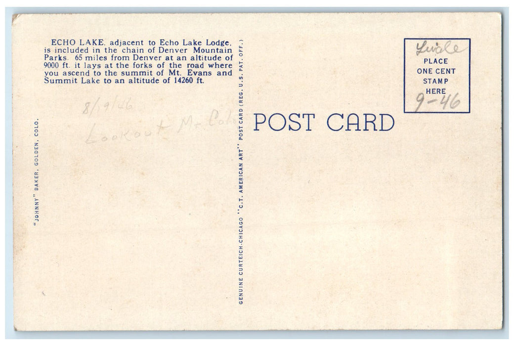 c1920 Echo Lake From Goliath Peak Road Denver Mountain Park Colorado CO Postcard