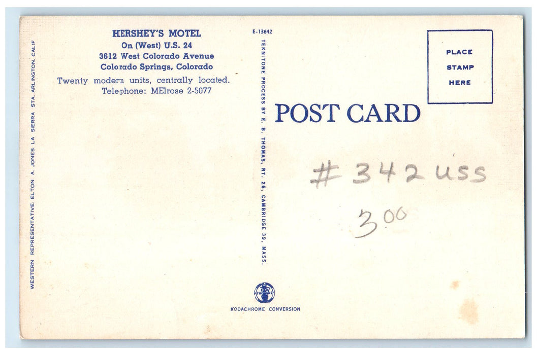 c1940's Hershey's Motel Between Colorado & Manitou Springs Colorado CO Postcard