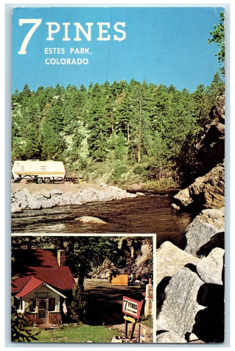 c1950 7 Pines Estes Park Scenic Cabins Campsites Riverside Colorado CO Postcard